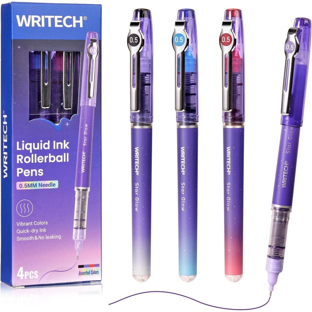 image:imageWRITECH Liquid Ink Rollerball Pens Multi Colored 05mm Extra Fine Point Tip Rolling Roller Ball Pen 8ct Assorted Colors for Journaling Smooth Writing Note Taking No Bleed amp Smudge amp SmearVivid Color 05mm 4 Pcs