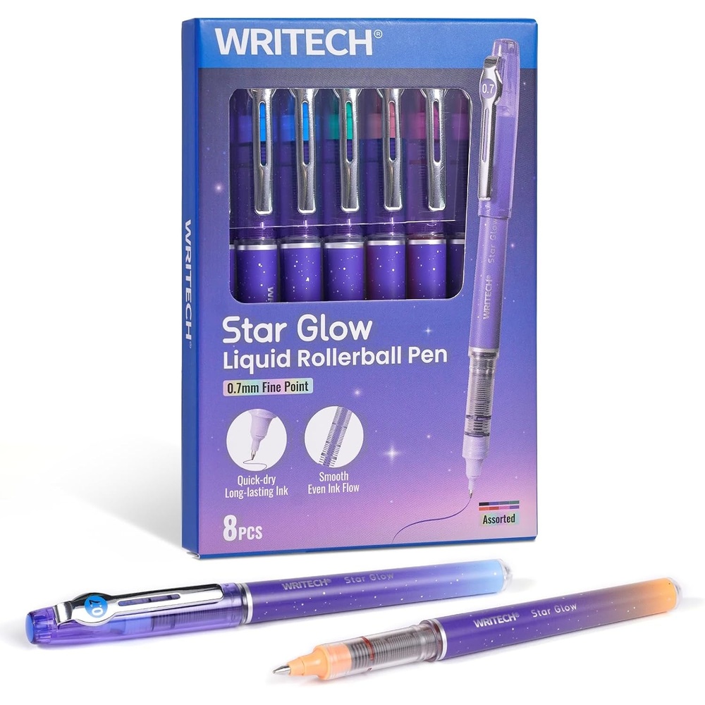 image:imageWRITECH Liquid Ink Rollerball Pens Multi Colored 05mm Extra Fine Point Tip Rolling Roller Ball Pen 8ct Assorted Colors for Journaling Smooth Writing Note Taking No Bleed amp Smudge amp SmearVivid Color 07mm 8ct