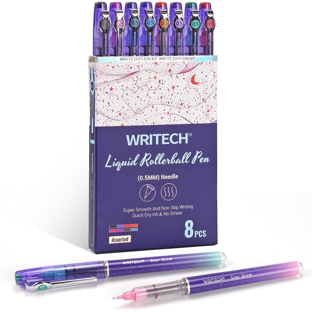 image:imageWRITECH Liquid Ink Rollerball Pens Multi Colored 05mm Extra Fine Point Tip Rolling Roller Ball Pen 8ct Assorted Colors for Journaling Smooth Writing Note Taking No Bleed amp Smudge amp SmearVivid Color 05mm 8ct