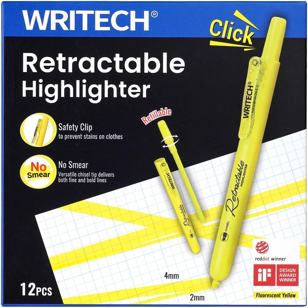 image:imageWRITECH Retractable Bible Highlighters Assorted Pastel Colors No Bleed Aesthetic Marker Pen Chisel Tip 12 PackYellow