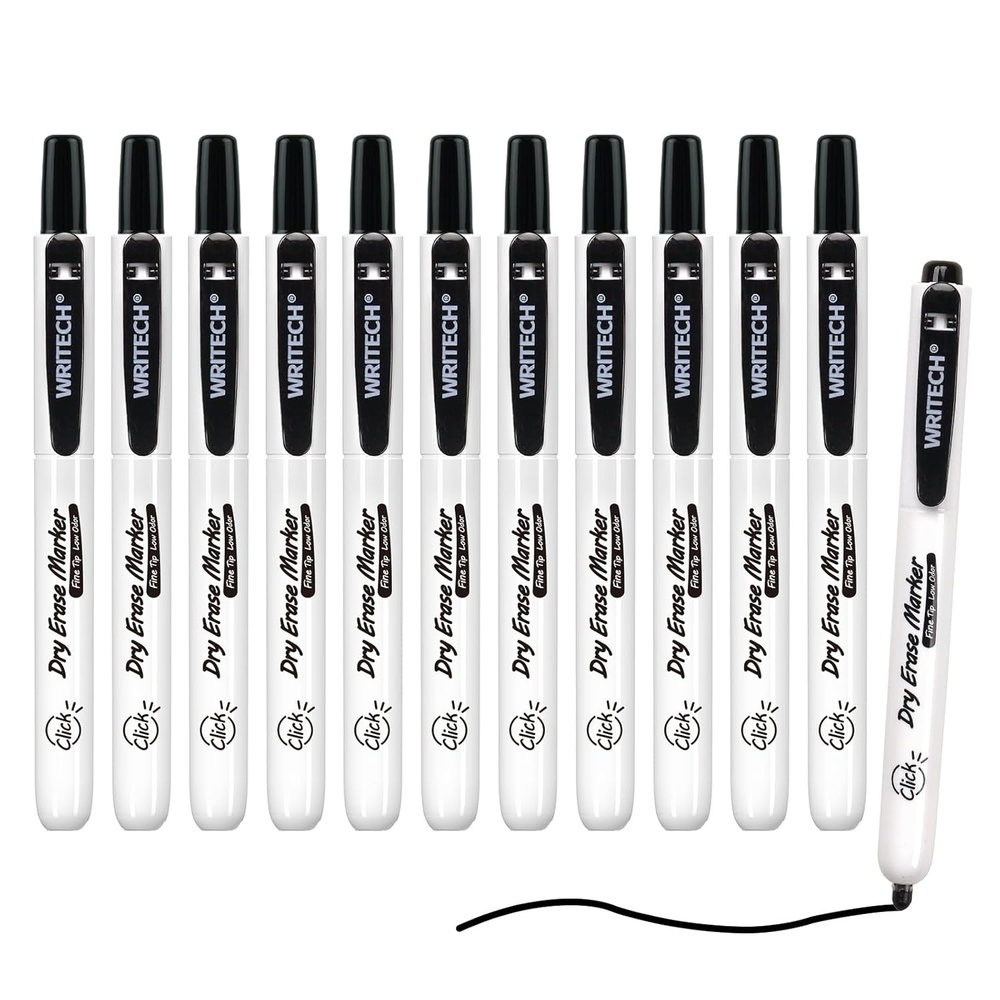 image:imageWRITECH Retractable Dry Erase Markers Fine Point Clickable Black Colored Ink Marker Low Odor Erasable Thin Tip Refillable Whiteboard Marker Pen Set 12ct No Bleed Smear