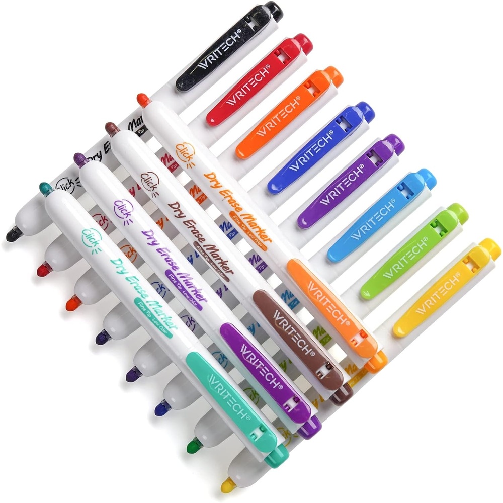 image:imageWRITECH Retractable Dry Erase Markers Fine Point Clickable Colored Ink Marker Low Odor Erasable Thin Tip Refillable Multicolor Whiteboard Marker Pen Set 6ct No Smear Bleed12 Count Pack of 1