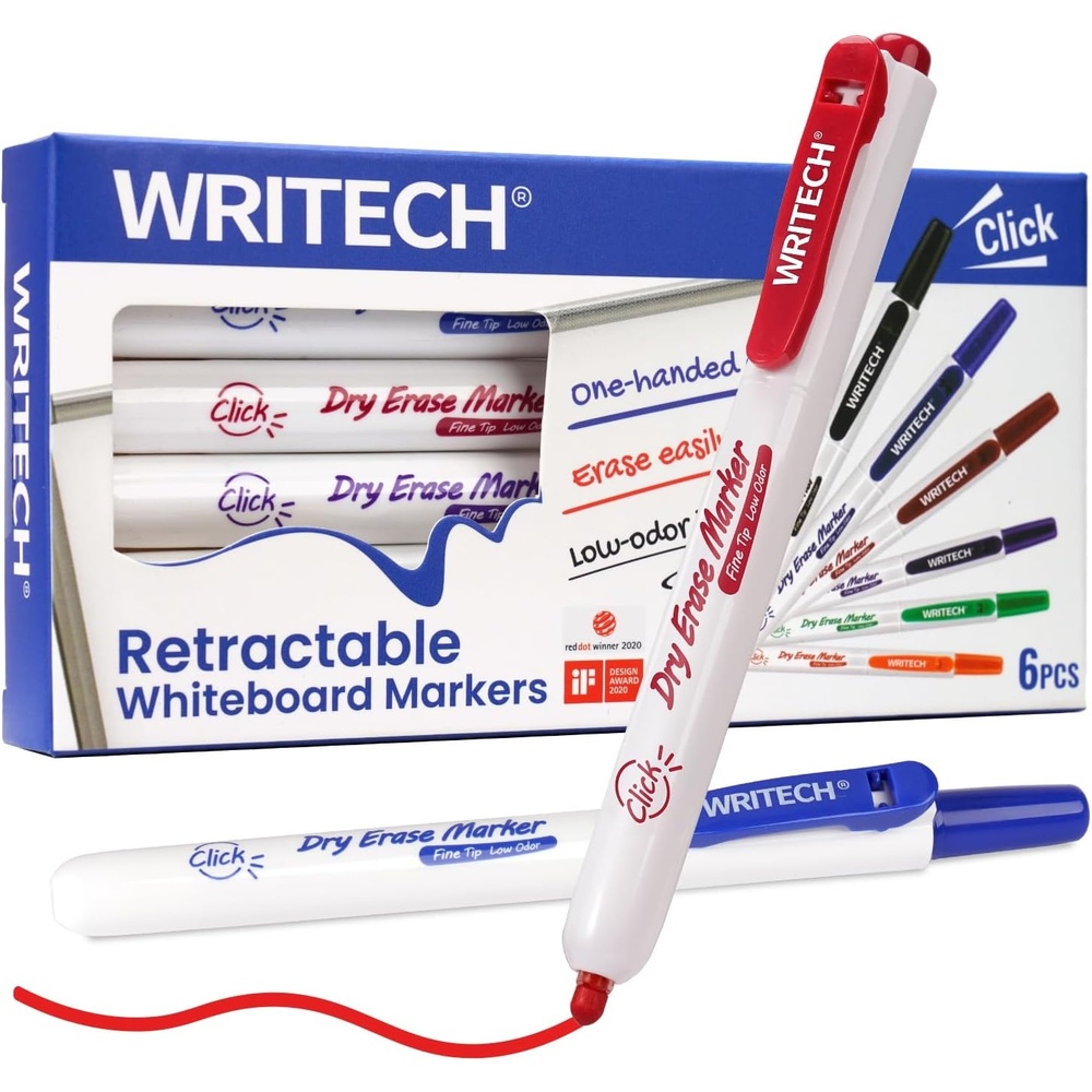 image:imageWRITECH Retractable Dry Erase Markers Fine Point Clickable Colored Ink Marker Low Odor Erasable Thin Tip Refillable Multicolor Whiteboard Marker Pen Set 6ct No Smear Bleed1 Count Pack of 6
