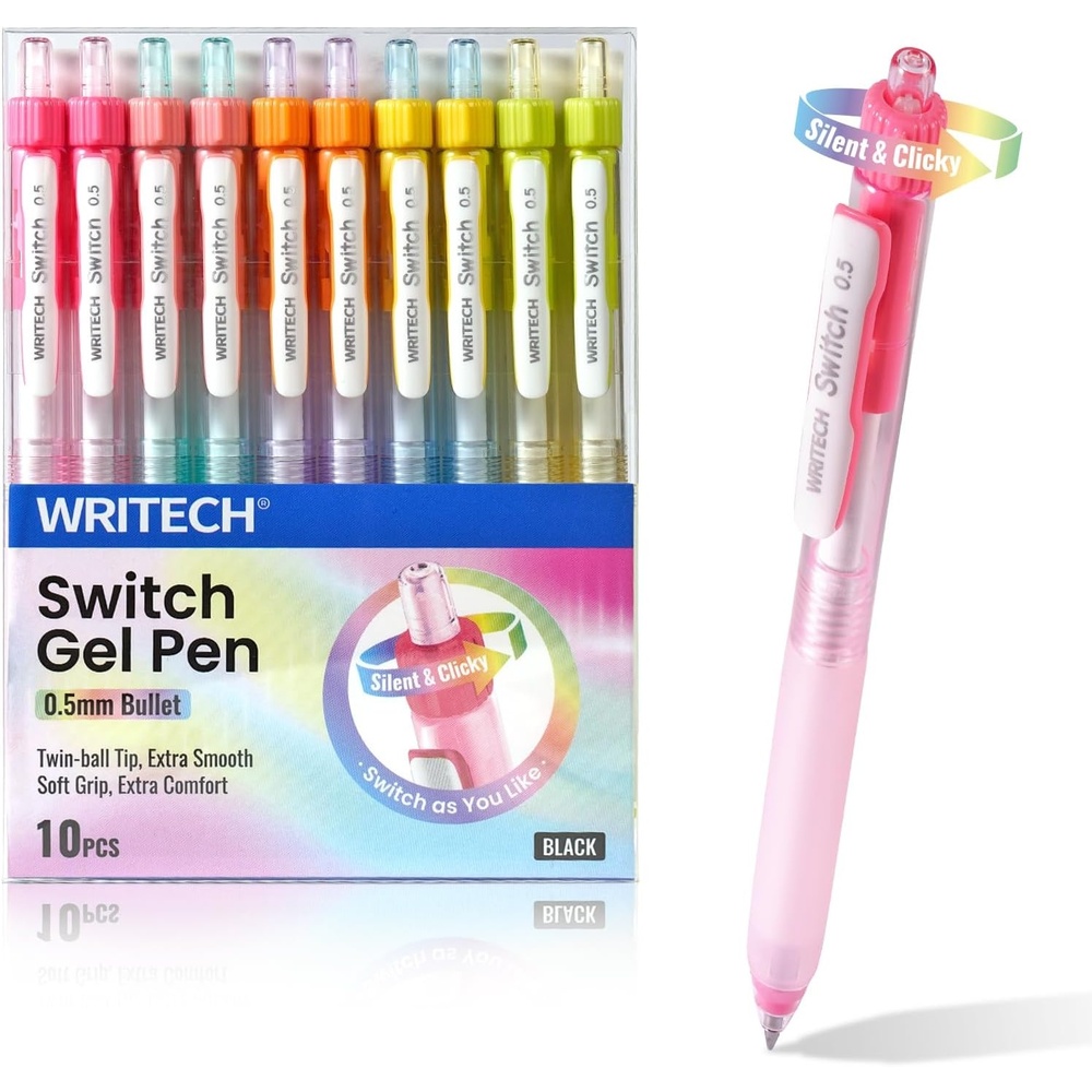 image:imageWRITECH Retractable Gel Ink Pens 05mm BlackInk Switch Between Silent and Clicky Soft Grip Fine Point Pen for Journaling Smooth Writing Quickdry No Bleed 10ctBlackA