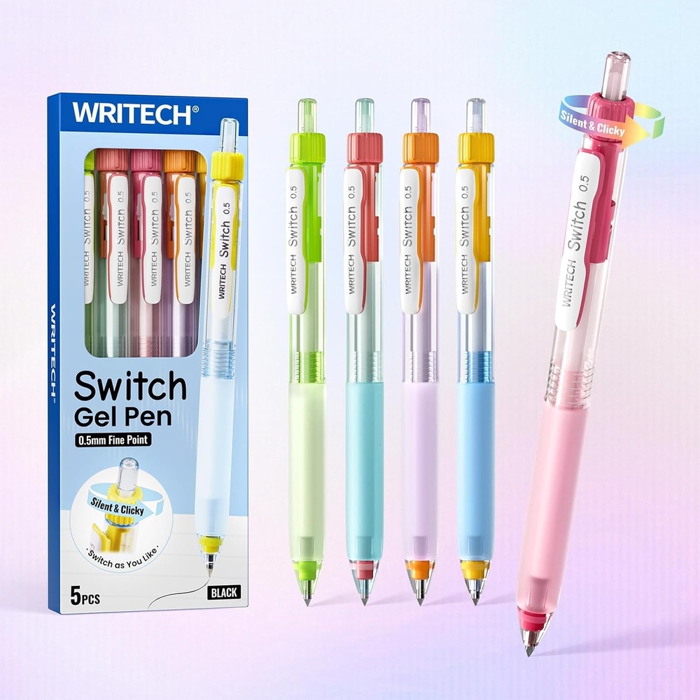 image:imageWRITECH Retractable Gel Ink Pens 05mm BlackInk Switch Between Silent and Clicky Soft Grip Fine Point Pen for Journaling Smooth Writing Quickdry No Bleed 10ctBlackB