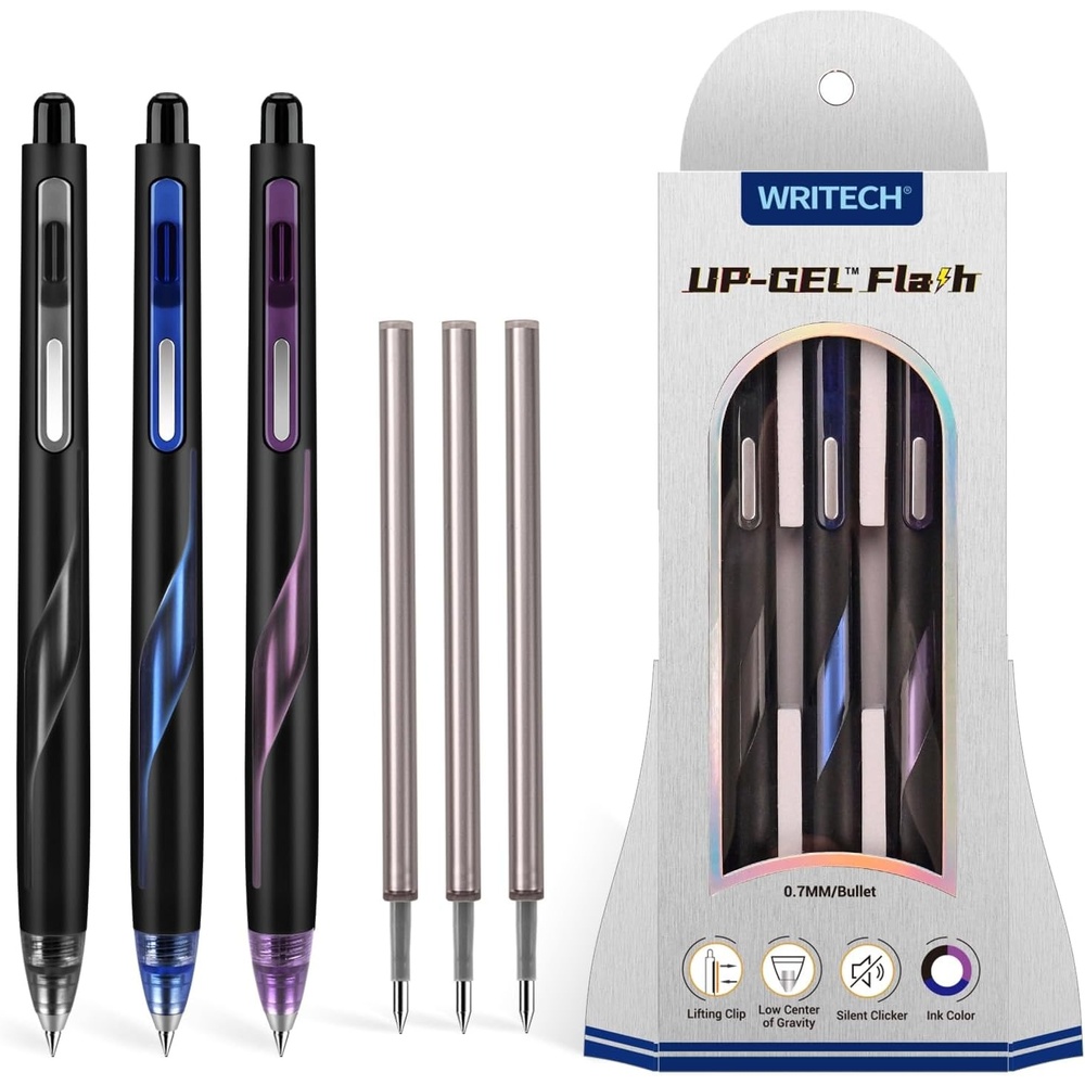 image:imageWRITECH Retractable Gel Ink Pens Low Center of Gravity 07mm Multicolor Medium Point with Refills Silent Click No Smear Pen Black Blue Purple 3ct Up Gel FlashBlack