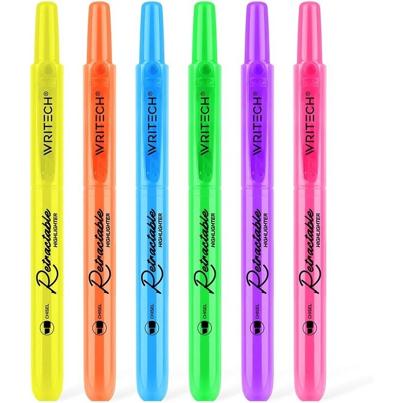 image:imageWRITECH Retractable Highlighters Assorted Colors Chisel Tip Click Aesthetic Highlighter Marker Pens Pack Multi Colored Ink No Bleed Smear for Highlighting Journaling 6ct VintageNeon