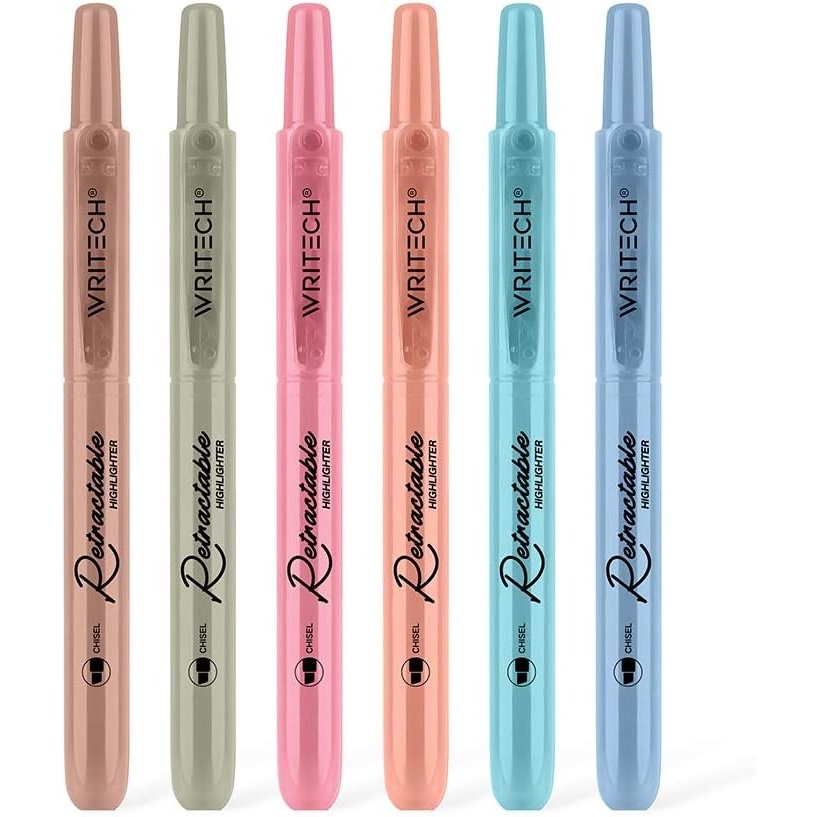 image:imageWRITECH Retractable Highlighters Assorted Colors Chisel Tip Click Aesthetic Highlighter Marker Pens Pack Multi Colored Ink No Bleed Smear for Highlighting Journaling 6ct VintageVintage