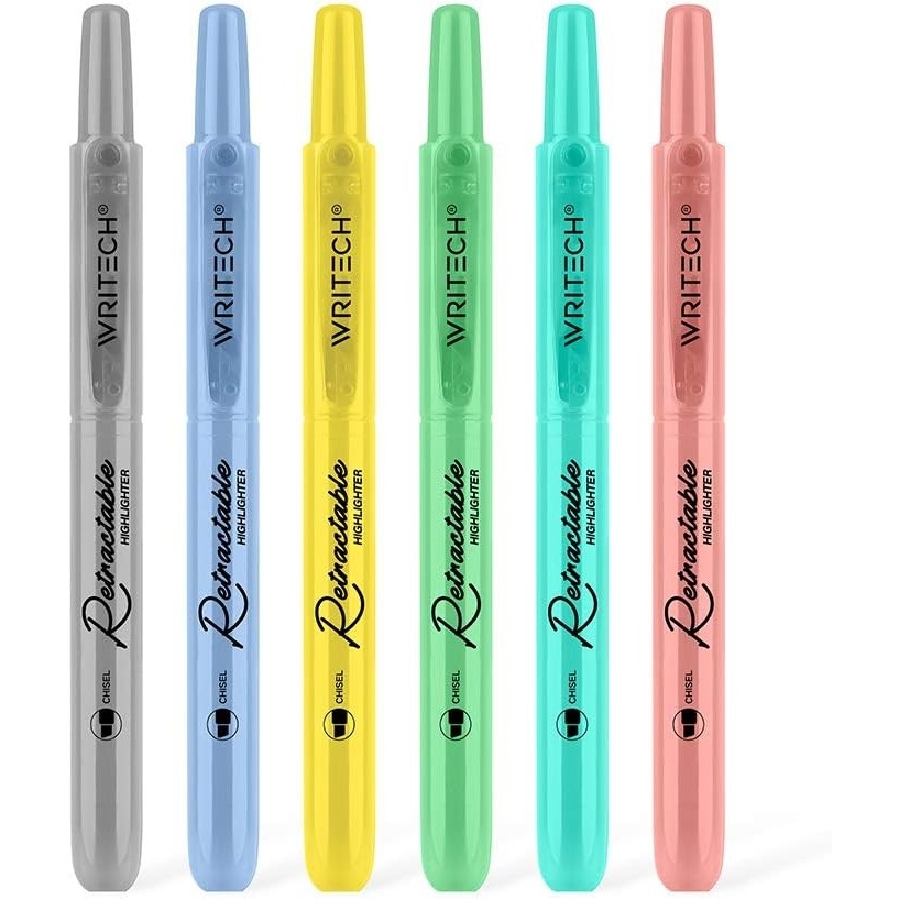 image:imageWRITECH Retractable Highlighters Assorted Colors Chisel Tip Click Aesthetic Highlighter Marker Pens Pack Multi Colored Ink No Bleed Smear for Highlighting Journaling 6ct VintageMild
