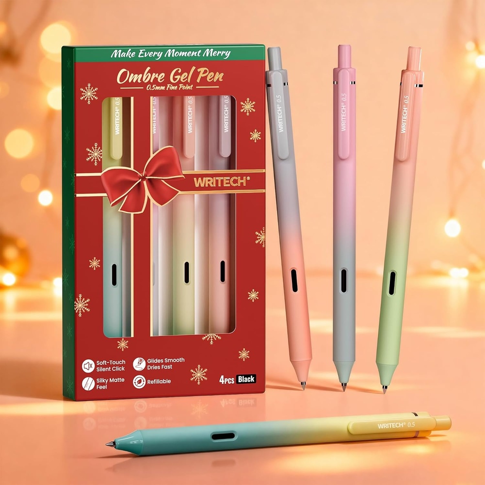 image:imageWritech Retractable Gel Ink Pens 8ct Black Ink 05mm Fine Point Tip Pen Comfort Grip Smooth Writing with Aesthetic Gradient Color Barrel for Journaling Note Taking Sketching No Bleed amp Smear4 Pcs Christmas