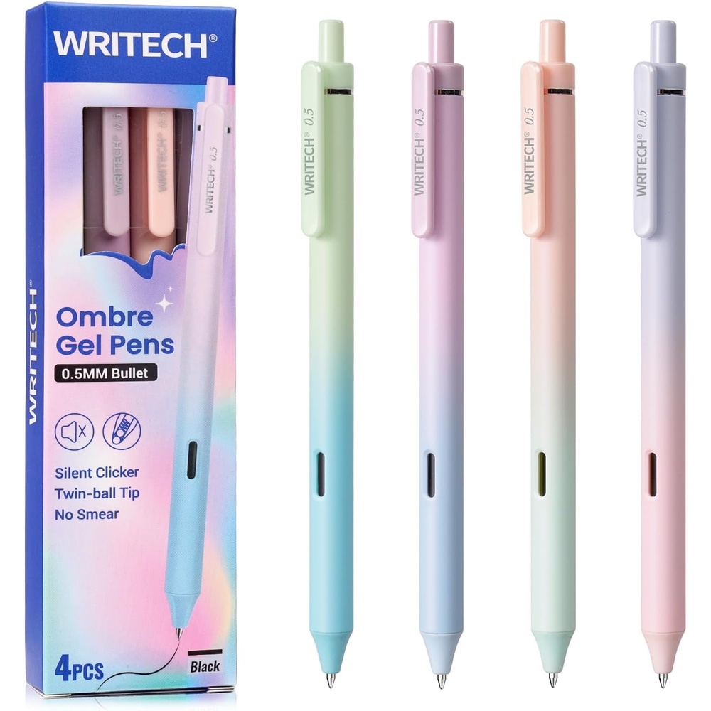 image:imageWritech Retractable Gel Ink Pens 8ct Black Ink 05mm Fine Point Tip Pen Comfort Grip Smooth Writing with Aesthetic Gradient Color Barrel for Journaling Note Taking Sketching No Bleed amp Smear4 Pcs Gradient Black Ink