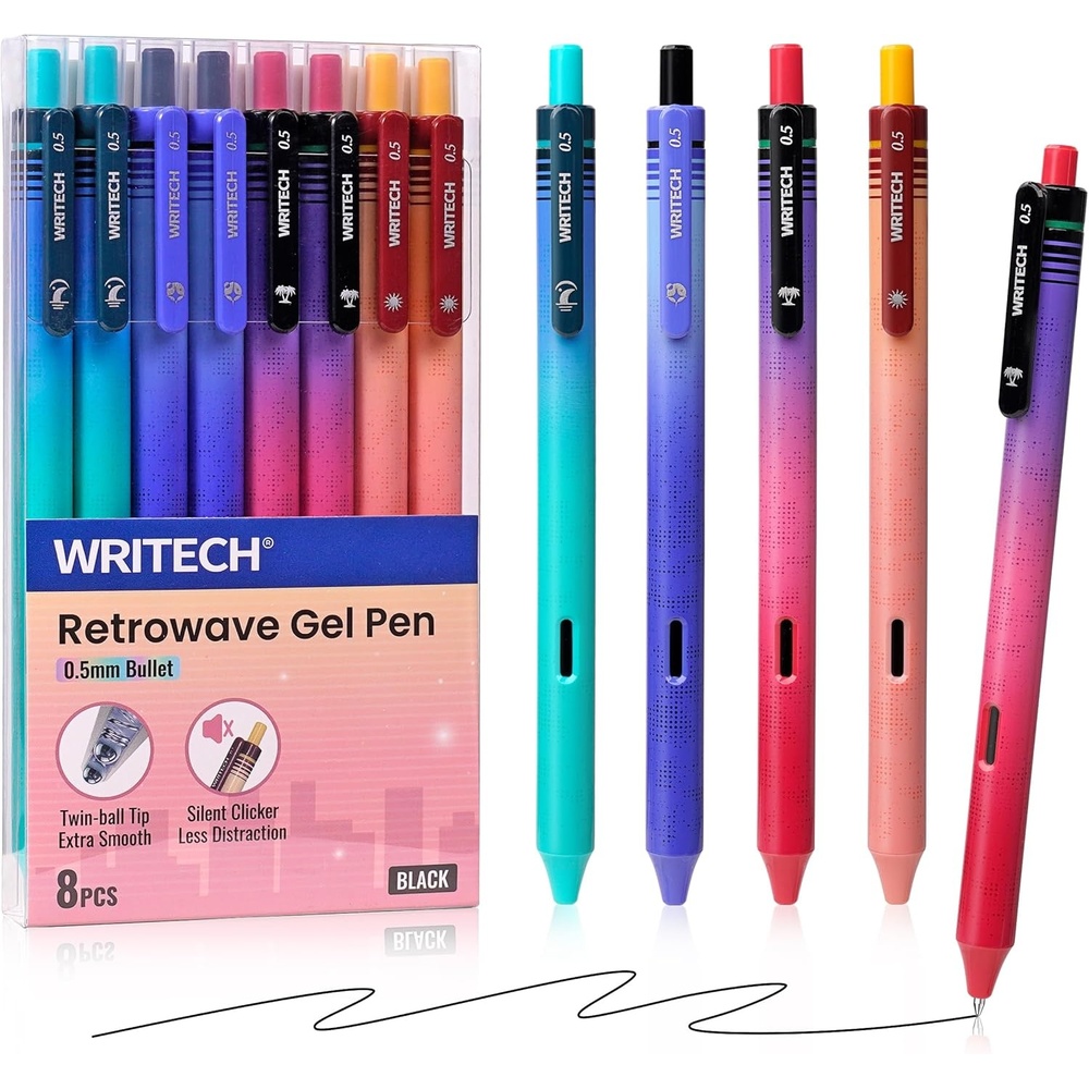 image:imageWritech Retractable Gel Ink Pens 8ct Black Ink 05mm Fine Point Tip Pen Comfort Grip Smooth Writing with Aesthetic Gradient Color Barrel for Journaling Note Taking Sketching No Bleed amp Smear8 Pcs Retrowave