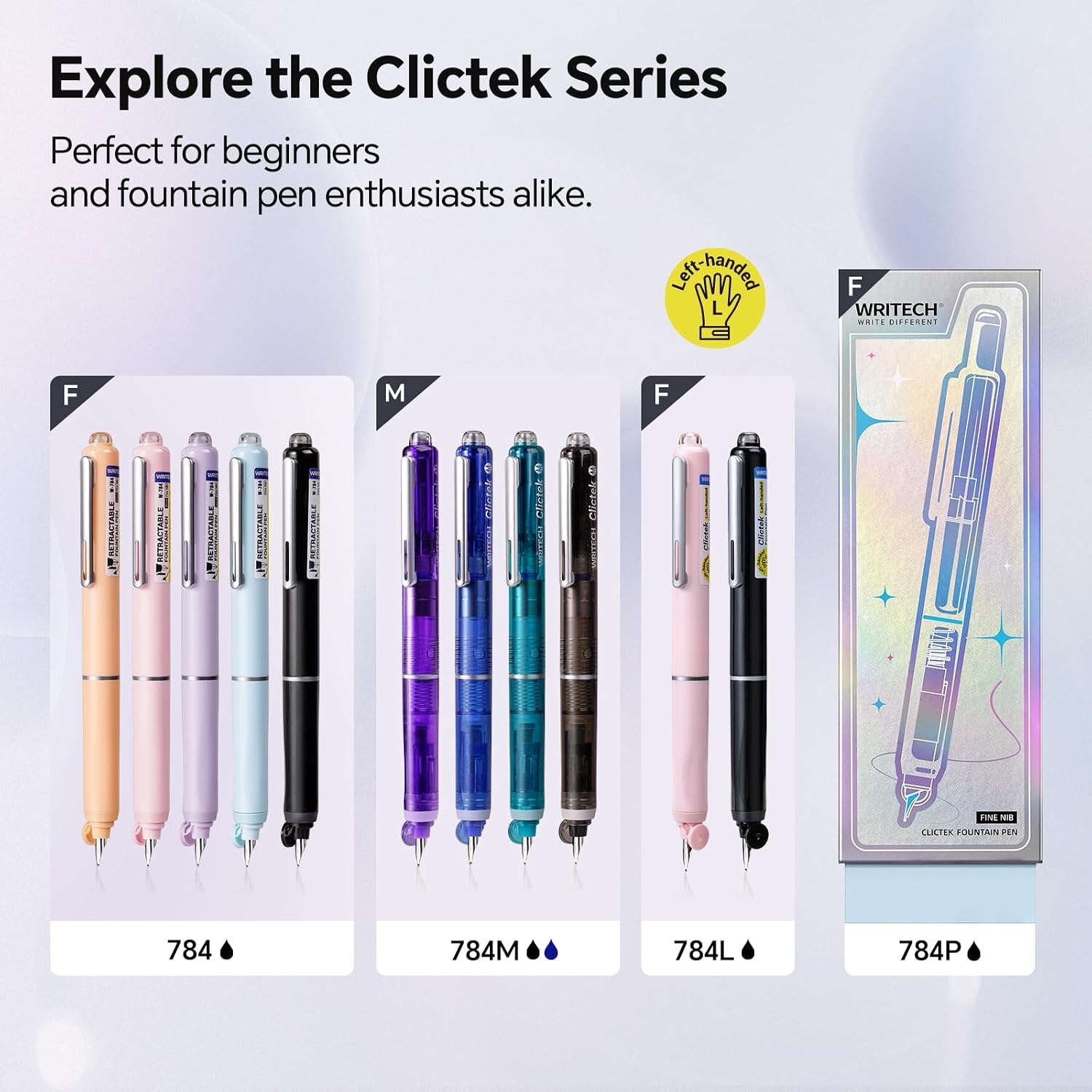 image:imageWRITECH Clictek Fountain Pen Set Retractable Fine Nib Black Ink with 10 Ink Cartridges Smooth Writing No Leaking for Calligraphy Journaling SketchingPink
