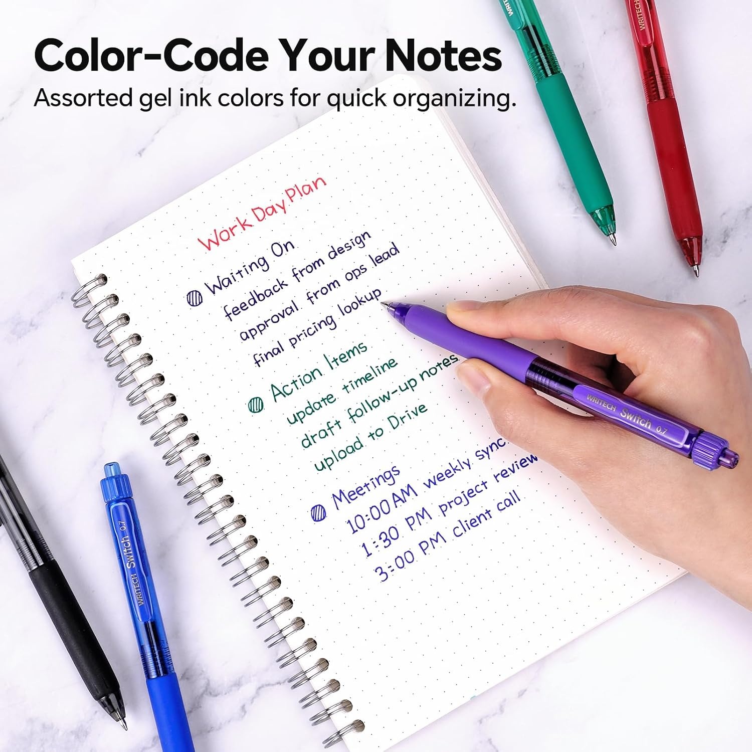 image:imageWRITECH Colored Gel Pens 07mm Switch Silent Click Mode for Quiet or Click Feedback Smooth Writing Quick Dry Ink Medium Point for Note Taking Color Coding Journaling School Office StudyMulticolor