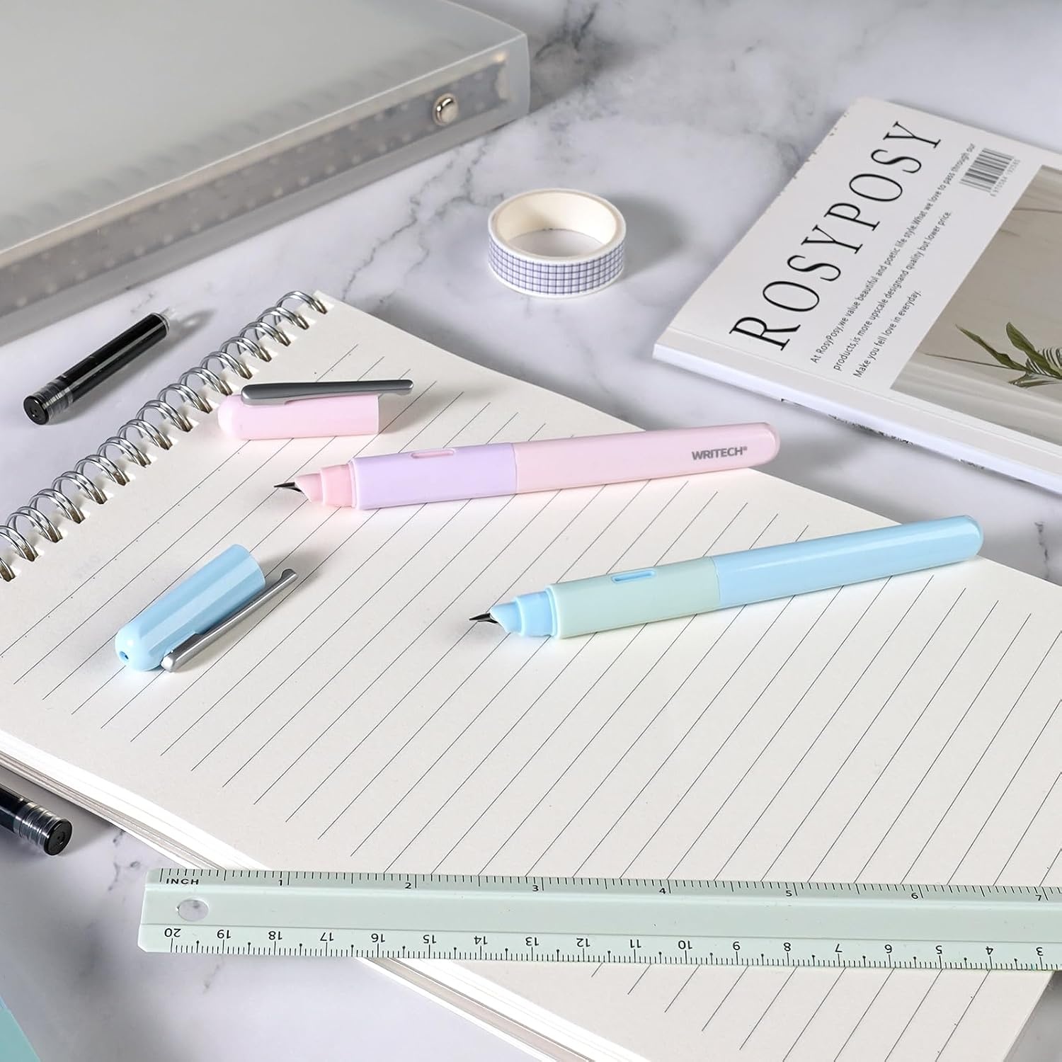 image:imageWRITECH Fountain Pen Soft Grip Fine Nib Black Ink Pen with 3 Ink Cartridges and 1 Replacement Nib Set Smooth Writing for Journaling Calligraphy Gift PinkPink