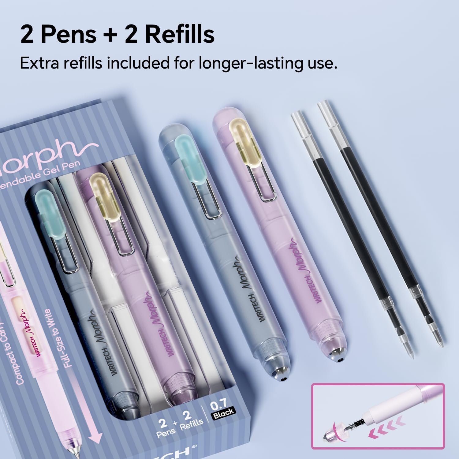 image:imageWRITECH Gel Pens Medium Point Morph 07mm Black Ink Mini to Full Size Soft Grip Portable Extendable Pocket Pen Set with 2 Pens and 2 RefillsMulticolor