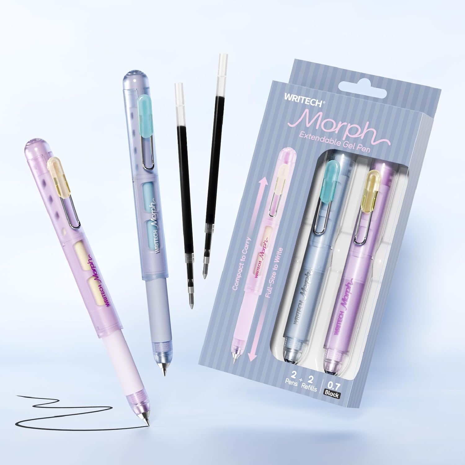 image:imageWRITECH Gel Pens Medium Point Morph 07mm Black Ink Mini to Full Size Soft Grip Portable Extendable Pocket Pen Set with 2 Pens and 2 RefillsMulticolor