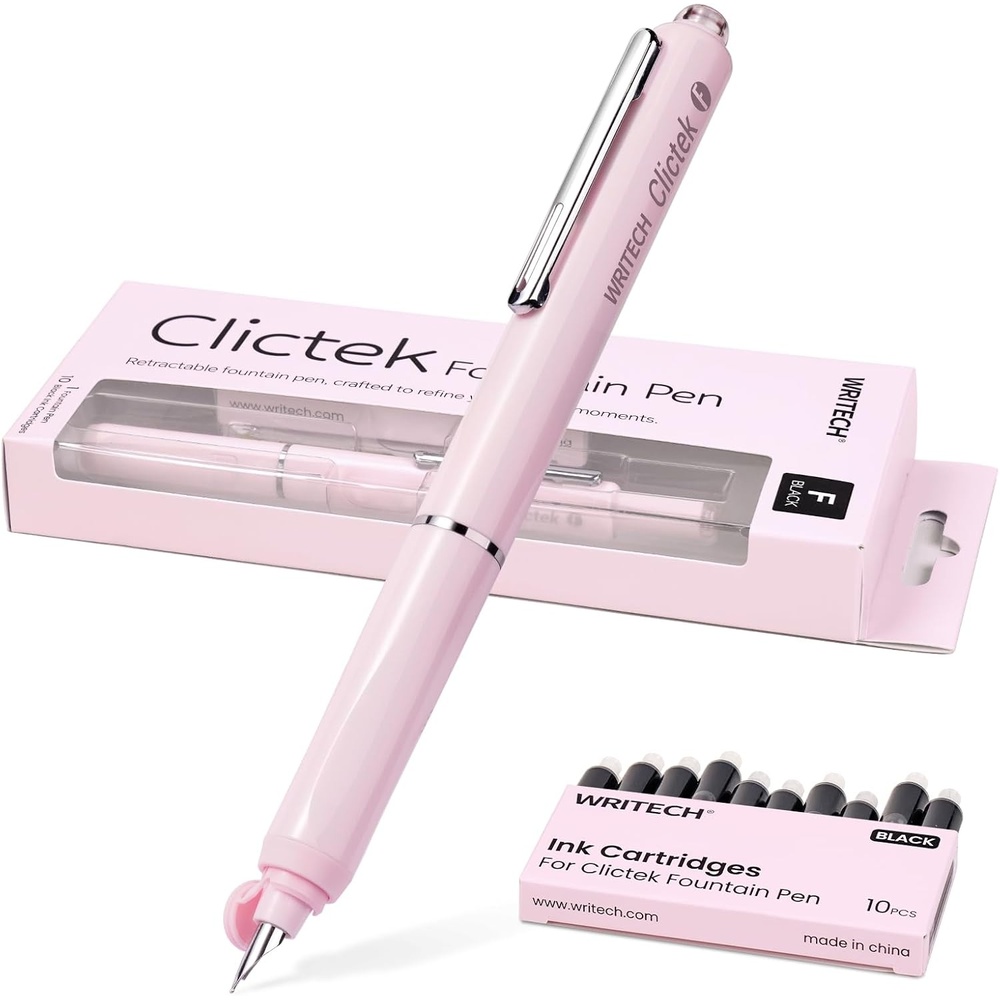 image:imageWRITECH Clictek Fountain Pen Set Retractable Fine Nib Black Ink with 10 Ink Cartridges Smooth Writing No Leaking for Calligraphy Journaling SketchingPink