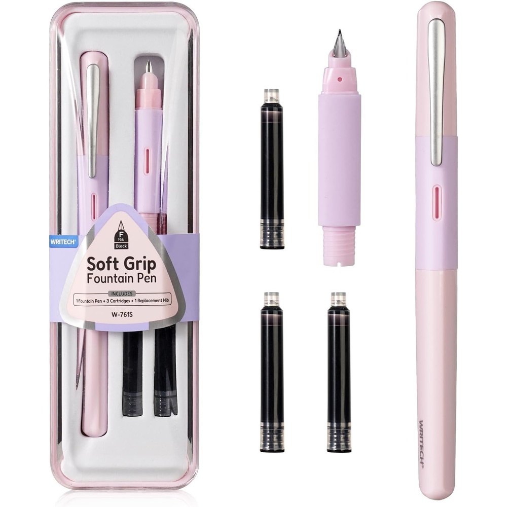 image:imageWRITECH Fountain Pen Soft Grip Fine Nib Black Ink Pen with 3 Ink Cartridges and 1 Replacement Nib Set Smooth Writing for Journaling Calligraphy Gift PinkPink