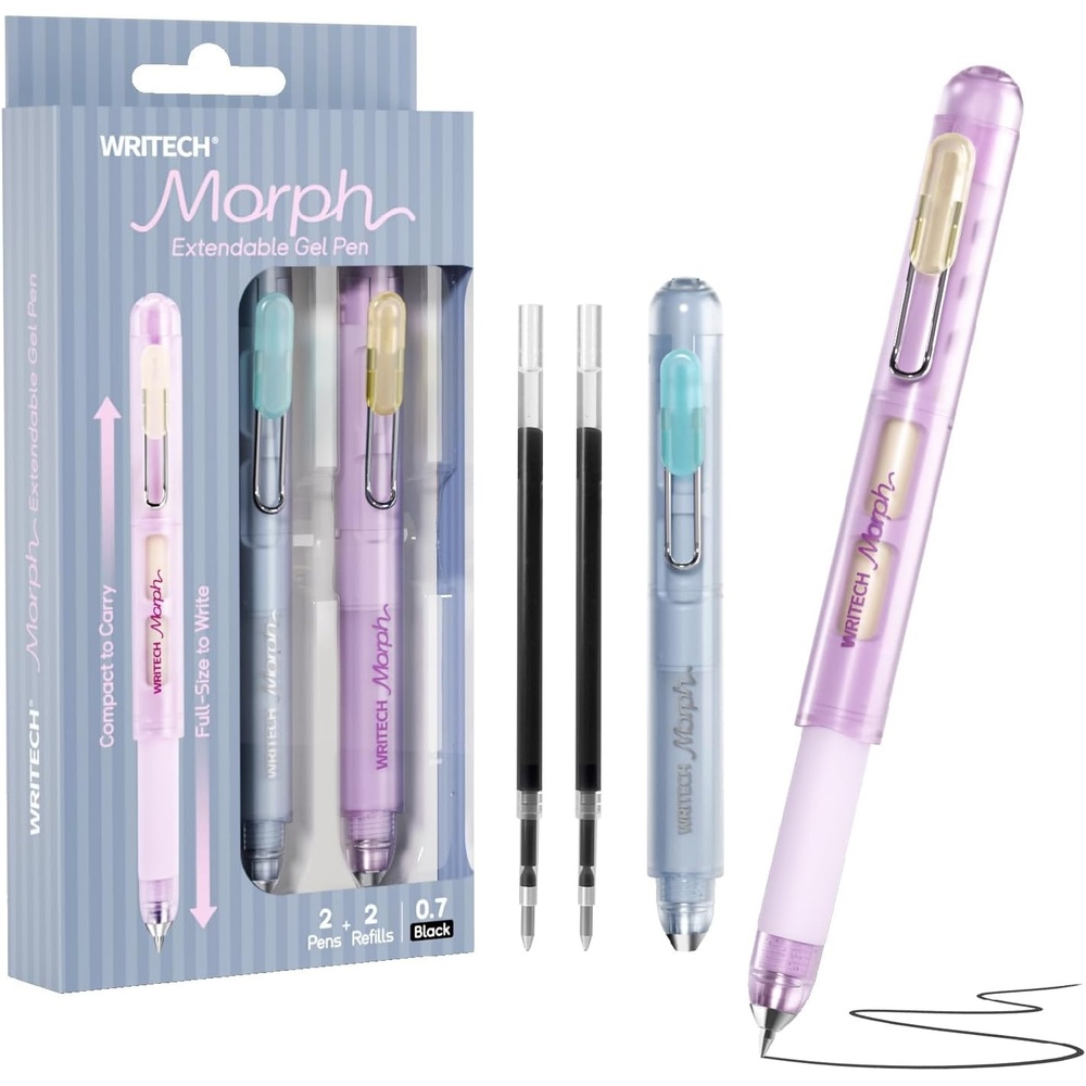 image:imageWRITECH Gel Pens Medium Point Morph 07mm Black Ink Mini to Full Size Soft Grip Portable Extendable Pocket Pen Set with 2 Pens and 2 RefillsMulticolor