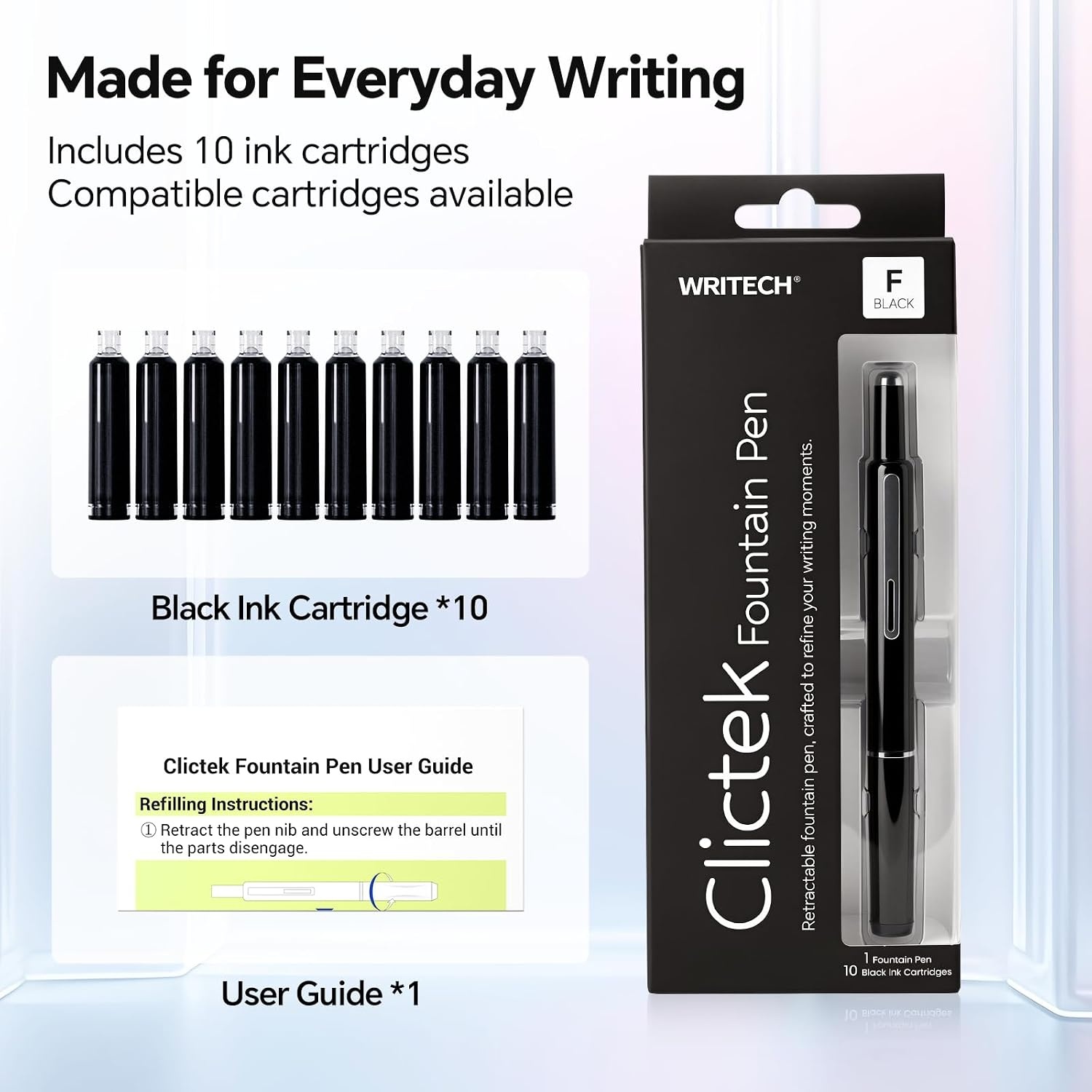 image:imageWRITECH Clictek Retractable Fountain Pen Fine Point Black Ink Cartridges Refillable Design No leaking Smooth Writing for Calligraphy Sketching Journaling Notetaking Office School Home Gift
