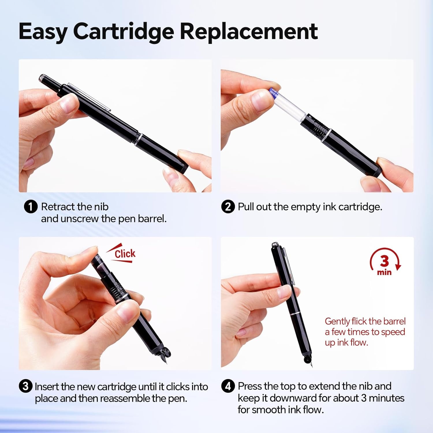 image:imageWRITECH Clictek Retractable Fountain Pen Fine Point Black Ink Cartridges Refillable Design No leaking Smooth Writing for Calligraphy Sketching Journaling Notetaking Office School Home Gift