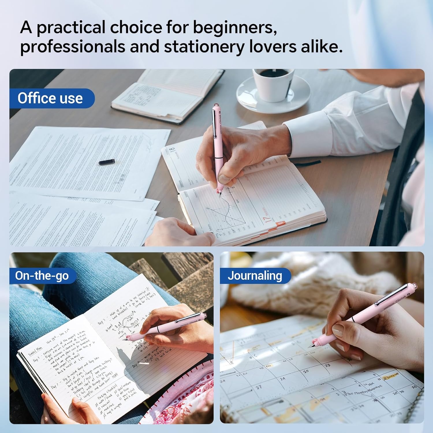 image:imageWRITECH Fountain Pen Fine Point Clictek Retractable Black Ink Cartridges F Nib Refillable Design No leaking Smooth Writing for Calligraphy Sketching Journaling Notetaking Office School Home Gift