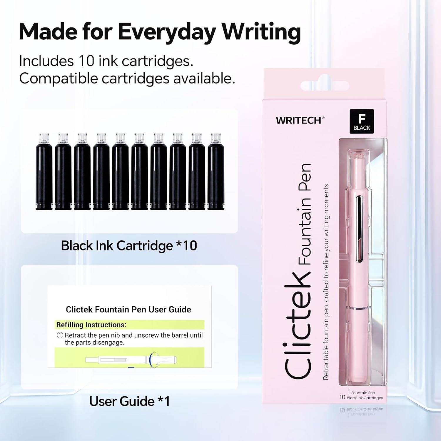 image:imageWRITECH Fountain Pen Fine Point Clictek Retractable Black Ink Cartridges F Nib Refillable Design No leaking Smooth Writing for Calligraphy Sketching Journaling Notetaking Office School Home Gift