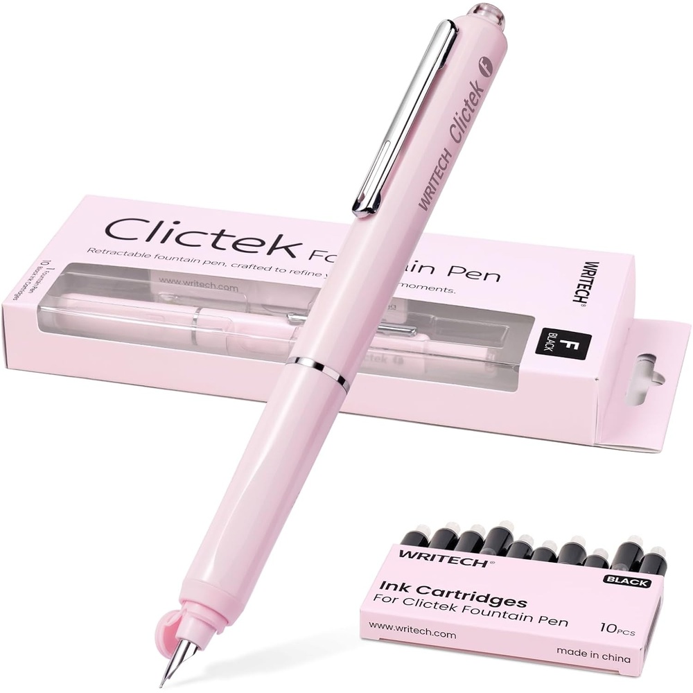 image:imageWRITECH Fountain Pen Fine Point Clictek Retractable Black Ink Cartridges F Nib Refillable Design No leaking Smooth Writing for Calligraphy Sketching Journaling Notetaking Office School Home Gift