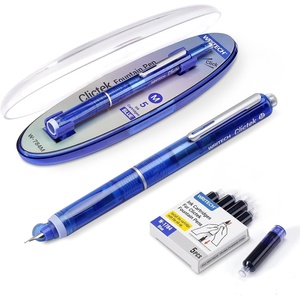 image:imageWRITECH Blue Ink Fountain Pen Clictek Set Medium Nib Retractable Design Transparent Barrel with 5 Ink Cartridges